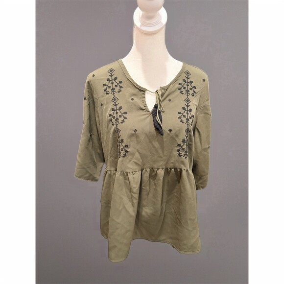 Mayra Tops - Mayra Tunic Top Womens Petite Small Olive Green Embroidered Peplum Tie